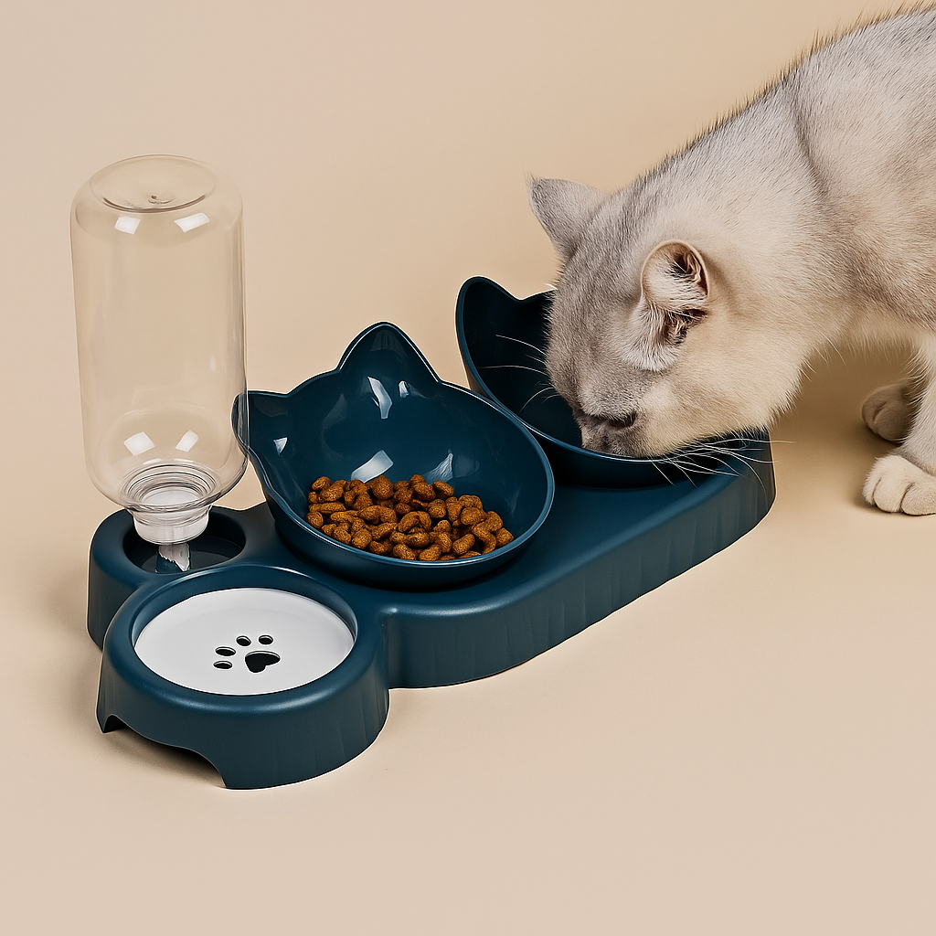 3-in-1 Non-Slip Pet Bowl with Water Dispenser – Tilted Design for Cats & Small Dogs (500 ml)