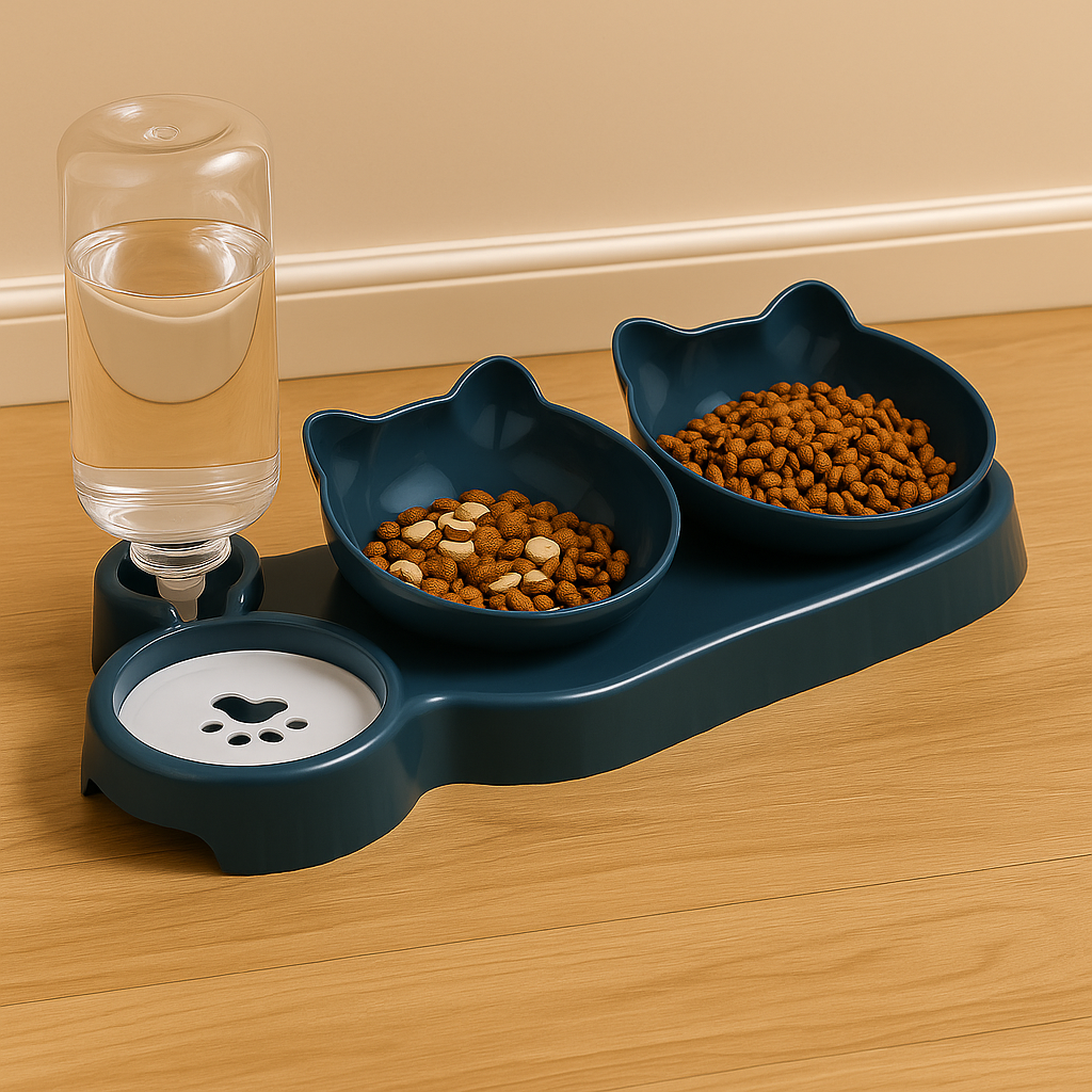 3-in-1 Non-Slip Pet Bowl with Water Dispenser – Tilted Design for Cats & Small Dogs (500 ml)